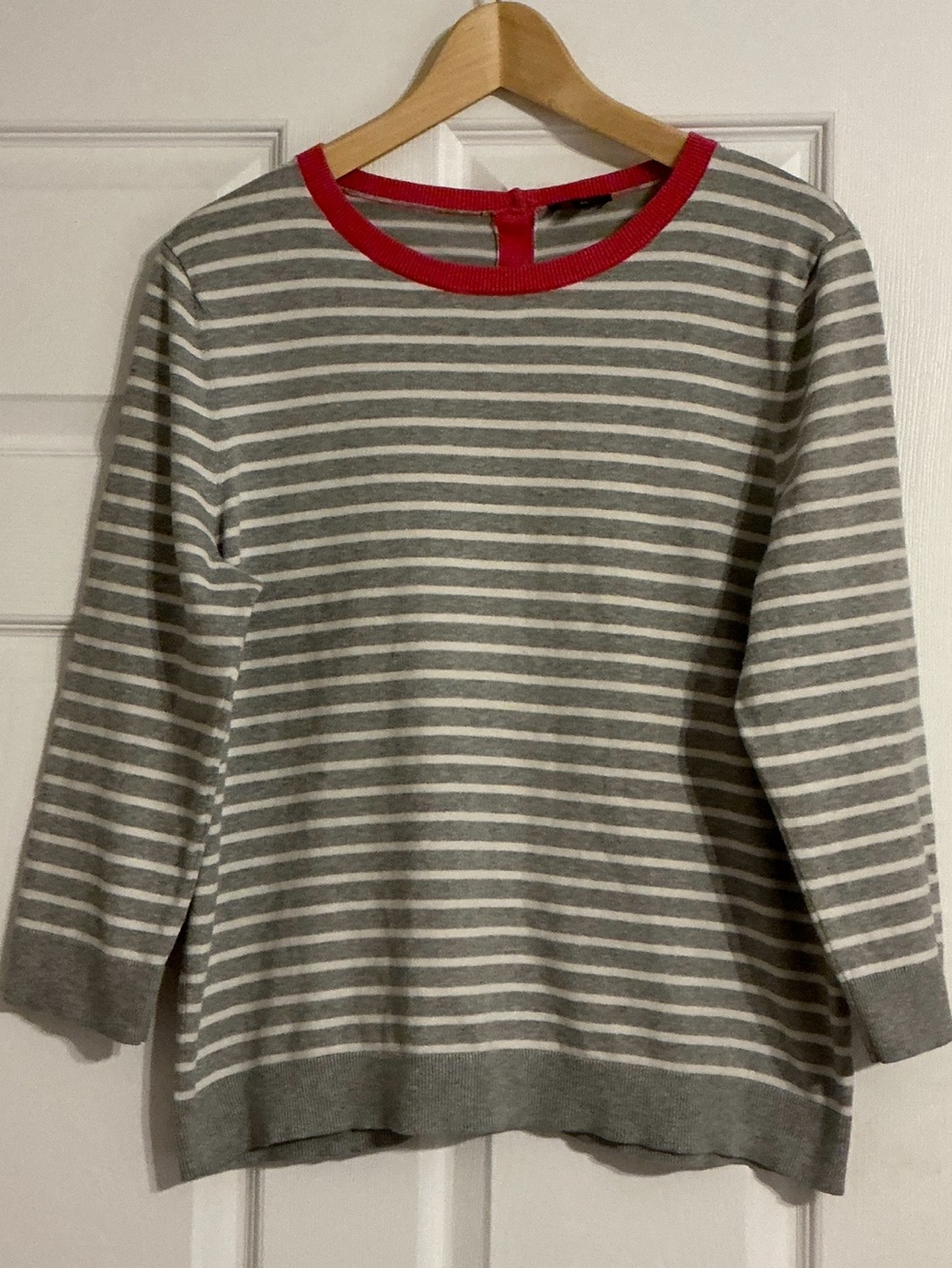 Talbots Luxury Silk-Cotton Blend Striped Crewneck Sweater with Fuschia Trim